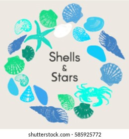 Colorful marine life round composition with seashells crab and starfish in hand drawn style vector illustration