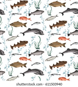 Colorful marine life seamless pattern with different kinds of fishes seaweeds and water bubbles vector illustration