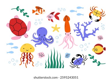 Colorful marine life set with turtle, octopus, squid, jellyfish, crabs, fish, seaweed, coral, and shells. Perfect for kids, ocean themes, education, summer designs, and stickers.