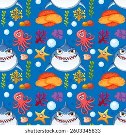 Colorful marine life with sharks, octopuses, and starfish