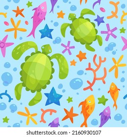 Colorful marine pattern of cute turtles, fish and starfish