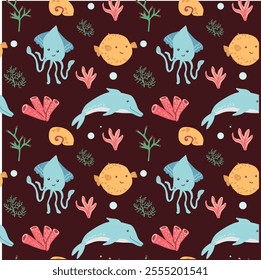 Colorful marine pattern with dolphins, squid, and coral on dark background.