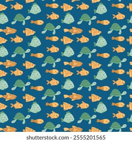 Colorful marine pattern with turtles, fish, and pufferfish on blue background.