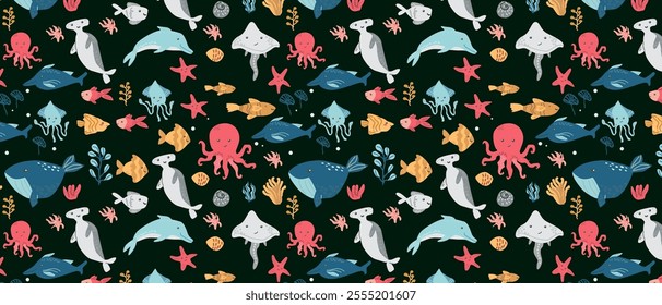 Colorful marine pattern with whales, dolphins, sharks, and octopuses.
