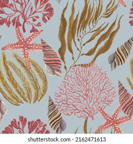 Colorful marine seamless pattern of corals, shells, starfish and algae. Vector illustration