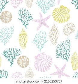 Colorful marine seamless pattern of corals, shells, starfish. Vector illustration