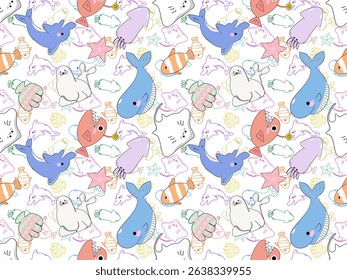 Colorful marine themed seamless pattern