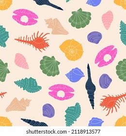 Colorful marine undersea elements. Hand drawn sea shell , colorful shells flat vector illustration. Cartoon clam, oyster and scallop shells, conches of mollusk and sea snail. Square seamless Pattern.