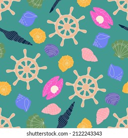 Colorful marine undersea elements. Hand drawn sea shell , colorful shells with captain's rudder flat. Cartoon clam, oyster and scallop shells, conches of mollusk and sea snail. Square seamless Pattern
