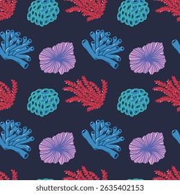 Colorful Marine-Inspired Pattern Featuring Coral and Sea Life Illustrations. Vibrant seamless design showcasing stylized drawings of corals, sponges, and underwater flora suitable for decoration, 