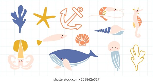 Colorful marine-themed illustrations featuring sea creatures like a whale, starfish, seahorse, and anchor. Playful sea animals and nautical elements in pastel colors. Animal illustrations, vector set.