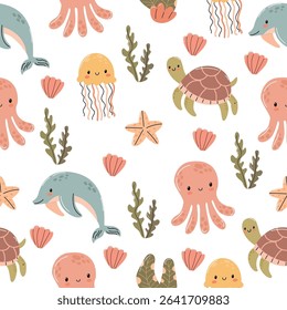 A colorful marine-themed pattern featuring dolphins, octopuses, jellyfish, turtles, seashells, and seaweed on a white background.