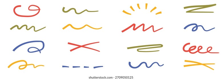 Marcador colorido y conjunto de trazo de pincel, subrayado dibujado a mano y líneas de garabato, Elementos artísticos doodle para el Diseño gráfico creativo. Las mejores Colecciones. EPS 10.