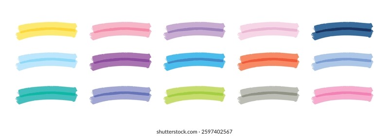 Colorful marker highlight strokes, scribble underlines, cute hand drawn pen lines, green and pink pencil marks, childish doodle elements. Flat vector illustration isolated on white background.