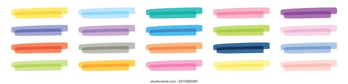 Colorful marker highlights and pen underlines with brush strokes. Text lines and doodle marks. Hand drawn highlight elements. Flat vector illustration isolated on white background.