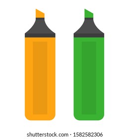 Colorful marker icon vector isolated. Highlight pen, office equipment. Permanent felt tip pen. Green and yellow color.