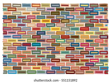 Colorful marker lines based brick wall pattern on white base