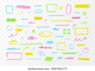 Colorful marker pen or highlighter lines and shapes vector set. Transparent brush pen hand drawn underline strokes, arrows, cross and check mark. Wavy and zigzag brush lines, geometric shapes