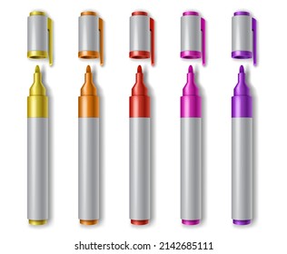 Colorful marker pen for school or kids. Realistic highlighter pencil of yellow, orange, red, purple color for drawing. Stationery open markers collection isolated. 3d vector illustration