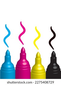 colorful marker pens, cyan, magenta, yellow and key or black, vector illustration