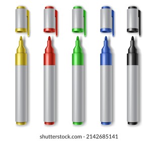 Colorful marker pens set realistic. Children and artist pencils 3d isolated cliparts pack. Kids vivid painting tools, various color palette. Office highlighters design elements. Vector illustration