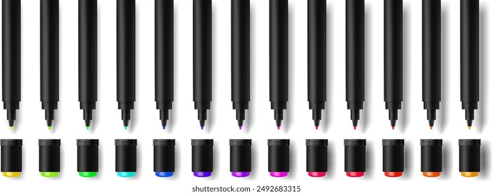 Colorful marker pens set. set of marker pens, red, green, yellow, purple. Vector art colorful highlighters. Highlighter pencil for school or kids. Marker pen set isolated on white background