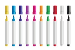 Colorful Marker Pens Set Vector Realistic Illustration. Children And Artist Pencils 3D Isolated Cliparts Pack. Kids Vivid Painting Tools, Various Color Palette. Office Highlighters Design Elements