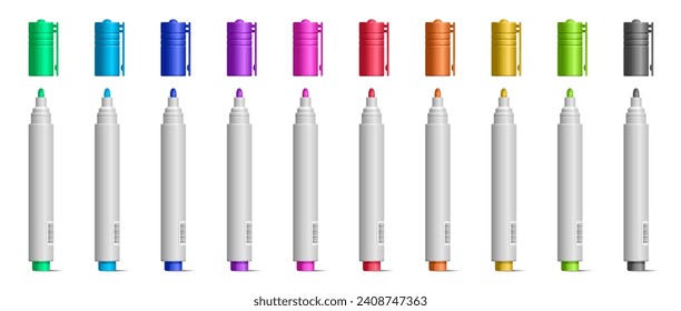 Farbige Markierstifte setzen Vektorgrafik realistisch. Design-Elemente von Office-Highlightern