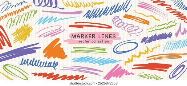 Colorful marker strokes and scribbles on a light grid background. A vibrant vector set of hand-drawn lines, swirls, and underlines for highlights, accents or notes