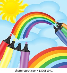 Colorful markers and rainbow. Vector illustration