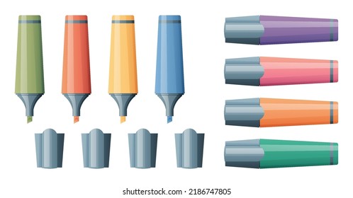 Colorful markers. Set of markers on a light background. Eight colored markers. Markers icons. Vector illustration