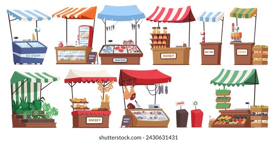 Colorful Market Stalls Adorned With Vibrant Canopies, Sheltering A Diverse Array Of Goods. Ice Cream, Fish and Meat, Honey or Dairy Products Awaits, Inviting Shoppers. Cartoon Vector Illustration