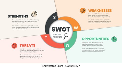 Colorful marketing infographic template designed with vector icons and editable SWOT Analysis concept text box in four elements for a business plan. The presentation layout in round color paper style