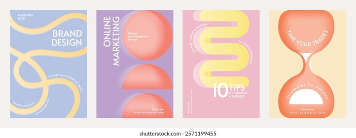 Colorful marketing posters with abstract designs. Includes text on brand design, online marketing, and business tips. Vibrant colors and creative layouts. Retro pastel branding template vector set.