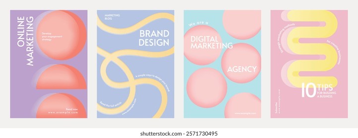 Colorful marketing posters with abstract designs. Online marketing and digital marketing agency tips. Vibrant marketing visuals for creative strategies. Retro pastel branding template vector.