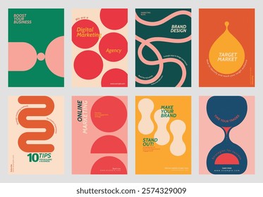 Colorful marketing posters with abstract designs. Emphasize digital marketing, brand design, and target market. Vibrant colors highlight marketing themes. Retro pastel branding template vector set.