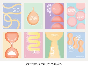 Colorful marketing posters with abstract designs. Keywords: marketing, design, brand. Includes phrases like 'target market' and 'digital marketing'. Retro pastel branding template vector set.