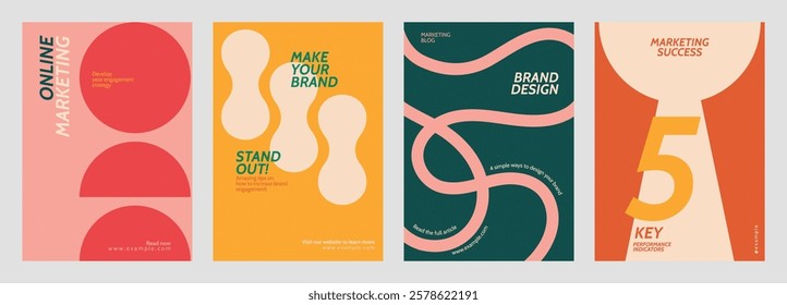 Colorful marketing posters with bold designs. Marketing themes in vibrant colors. Eye-catching marketing graphics for brand engagement. Marketing focus. Retro pastel branding template vector set.