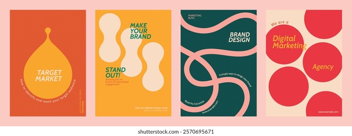 Colorful marketing posters with bold text. Vibrant designs for brand promotion. Eye-catching marketing visuals with creative layouts and engaging text. Retro pastel branding template vector set.