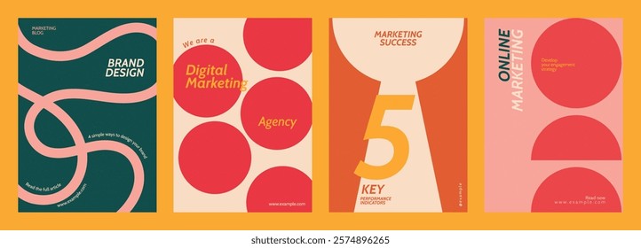 Colorful marketing posters with bold text. Digital marketing, brand design, and agency themes. Vibrant colors highlight marketing success and strategies. Retro pastel branding template vector set.