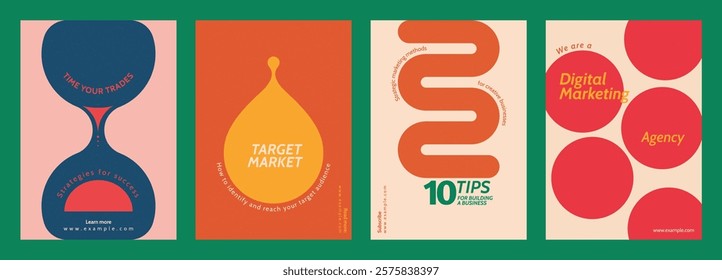 Colorful marketing posters with bold text. Vibrant designs highlight marketing tips, target market, and agency services. Eye-catching marketing visuals. Retro pastel branding template vector set.