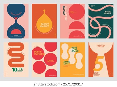 Colorful marketing posters with bold typography. Marketing tips, brand design, and target market focus. Vibrant marketing visuals for digital campaigns. Retro pastel branding template vector set.