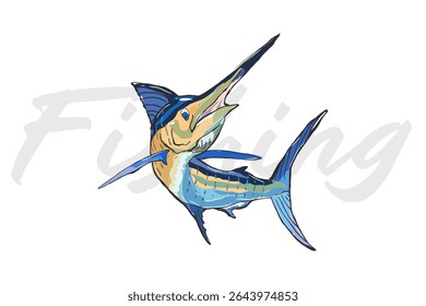 Colorful Marlin Fish Illustration Vibrant Blue and Orange Billfish Artwork Sport Fishing Design Ocean Marine Wildlife  Swordfish Tropical Sea Life Drawing Isolated on White