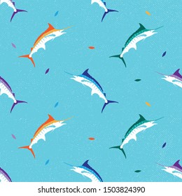 colorful marlin fish seamless pattern with grunge background