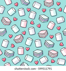Colorful marshmallow and hearts seamless pattern background vector illustration. Hand drawn doodle sketch.