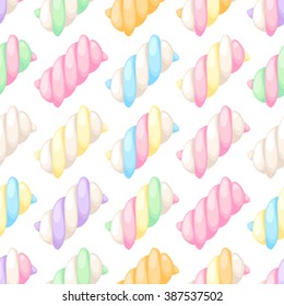 Colorful marshmallow twists seamless diagonal pattern vector illustration. Pastel colored sweet chewy candies background.