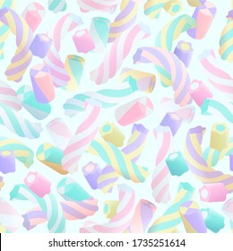 Colorful marshmallows seamless pattern. Sweet sugar candy on light background. Vector illustration in flat style.