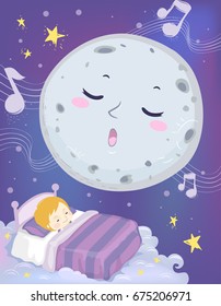 Colorful Mascot Illustration Featuring a a Full Moon Lulling a Cute Little Boy to Sleep