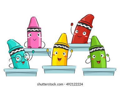 Colorful Mascot Illustration Featuring Primary Color Crayons Attending Class Together