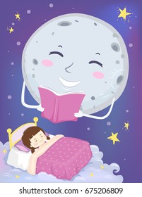 Colorful Mascot Illustration Featuring a Smiling Full Moon Reading a Bedtime Story to a Cute Little Girl